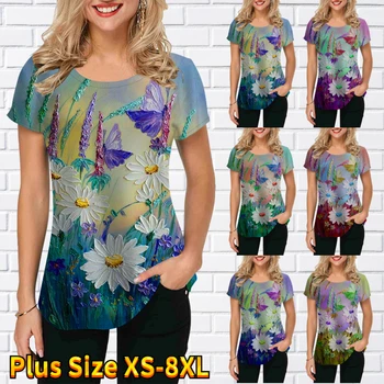 Лятото дишащи дамски тениски с кръгло деколте и принтом 2022, дамски ежедневни ризи с къс ръкав XS-8XL