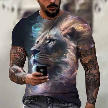 Реколта тениска с 3D-принтом на животното Лъв, топ с къс ръкав, еластична, hoody Оверсайз тениска за мъже