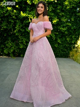 Блестяща розова вечерна рокля, романтични перли, халат на булката, класически булчински рокли трапецовидна форма с дължина до пода, Vestidos De Новия