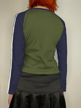 Дамска тениска с дълъг ръкав, кръгло деколте и принтом във формата на сърце, есенни блузи контрастен цвят, градинска облекло за ежедневието