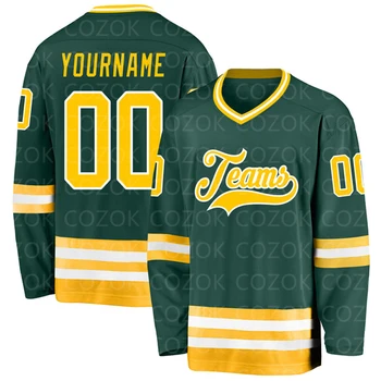 Обичай Зелено-жълто хокей 3D принт с вашето име, мъжки и дамски тениски за състезания по хокей на лед хокей, спортни тениски,