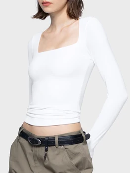 Дамски тениски с квадратна деколте и дълъг ръкав, прилепнали блузи, базова тениска с многослойно дим, обтягивающая градинска облекло Y2K Top