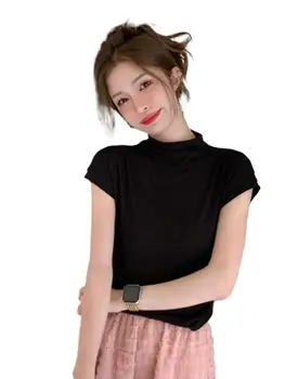 Луксозен корейската мода тънка черна трикотажная тениска с къс воротом, градинска дрехи в ярки цветове, универсален секси основна в памучна риза, червен, розов