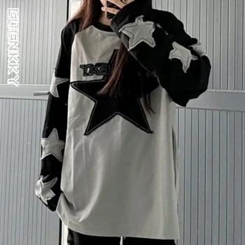 Kpop Harajuku Star Сиво Hoody Дамски Y2K в стил Хипи и Гръндж, hoody в стил Смесица от букви, Корейски тениски Оверсайз с дълъг ръкав, Есен