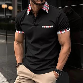 2023 Мъжки дрехи Годишна ежедневна мода червени карирани яка ПОЛО Риза с ревери тенденция на мъжката мода тениска с къси ръкави street