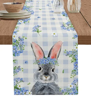 Пролетен Великденски заек, декорация от сини цветове, Декор журнального маса, Покривка за маса, Кухненски декоративна настолна пътека