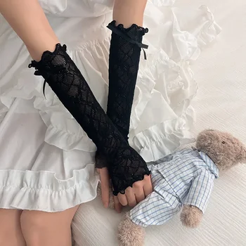Ръкавици Y2k с кружевными накъдрен, ръкавици без пръсти, ръкавици без пръсти JK Lolita Kawaii, дамски Мрежести черни и бели ръкавици с лък, защита от uv