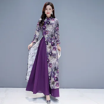 Жена лилава китайското традиционно винтажное вечерна рокля голям размер с дълъг ръкав и цветен модел Show Qipao