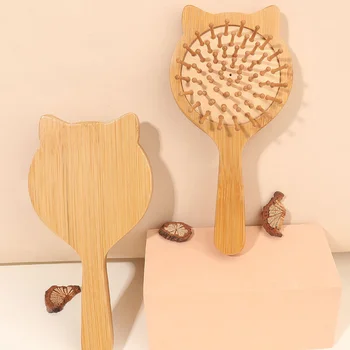 Бамбук дамски четка за коса, Гребен от естествен бамбук, гребло за разнищване на косата, Малката пътна четка за коса във формата на котка, Дървена четка за коса