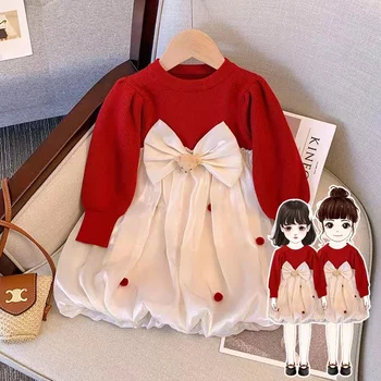 Рокля за момиче Есен/зима за цялата година Коледна модно принцеса рокля за момичета Червено детско рокля