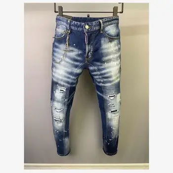 Мъжки модни ежедневните си джинси с дупки, боядисани със спрей, въображаемо панталоните от плат деним с надпис High Street A506
