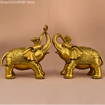 1 чифт Мед Месинг Yuanbao Ruyi Статуя на Слон В китайски стил Водопоглощающий Слон Начало Декор Голям размер Честит подарък
