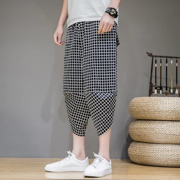 Летни памук, ленени панталони в китайски стил за мъже, модерен черно-бяло каре панталони с дължина до прасците, свободни мъжки зреещи, ежедневни панталони среден размер