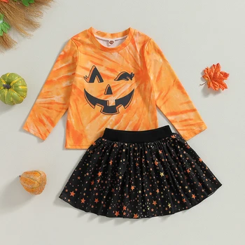 На Хелоуин от 3 до 8 години, 2 броя, скъпа есен облекло за момичета, блузи с дълги ръкави и принтом под формата на тиква + комплект мини-поли