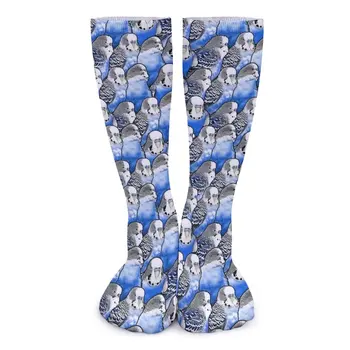 Готини Чорапи с попугайчиками Budgie Blue Pattern Забавни Чорапи Есенни Мини Дамски чорапи-Меки Обичай Чорапи за катерене