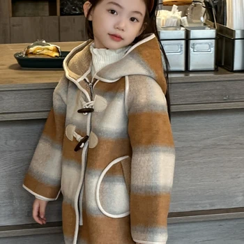 Вълнена палта за момичета, палто, яке Windbreak 2023, топла и гъста зимна памучен връхни дрехи за тийнейджъри, детски дрехи