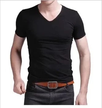 Лятна тениска A3057, хит на продажбите, Нови мъжки блузи с V-образно деколте, риза, приталенная однотонная ежедневни тениска с къс ръкав