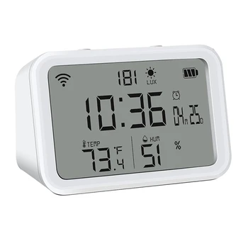 1 бр. Wifi Термометър-влагомер с определянето на интензитета на светлината, Wifi следи температурата и влажността на часовник с будилник, бял