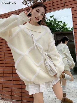 Дамски пуловери с припокриване Есента е Прекрасна универсална Топла и сладка мода Корейски стил Карирани Трикотаж Колеж Главната улица на Популярен Хипстер