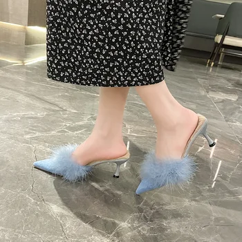 Дамски модни пикантни вечерни обувки на висок ток с остър пръсти от пухкави пера на висок ток, обикновена велурени чехли без закопчалка, Zapatos Mujer