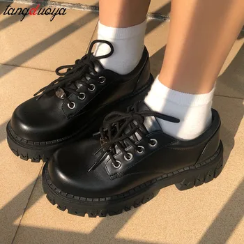Нови дамски обувки-лодки, oxfords в стил дерби, Лоферы, дамски обувки на платформа и масивен ток, дамски модни ежедневни обувки в стил ретро, черна, за колеж за всеки ден.