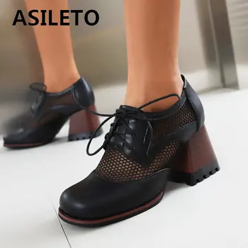 Марка ASILETO/ дамски обувки-лодка с кръгло бомбе на блок ток, дантела, от дишаща мрежа, лаконичная Дамски меки обувки за всеки ден, по-големи размери 40, 41, 42, 43