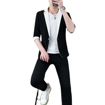 Летен мъжки костюм с къси ръкави 2024 г., младежка мода, оборудвана костюм със средния ръкав, двойка