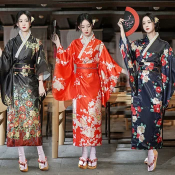 Жена японското кимоно, традиционен китайски копринен сатен, халат Вафуку, секси вечерна рокля Hanfu Plus Size