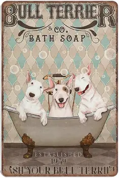 Тенекеджия знаци на компанията Bullterier Bath Soap, Подарък за фен на кучета, Забавна реколта метална табела за любители на кучета-териер