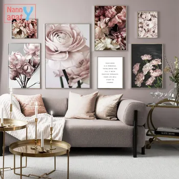 Розовата роза, цветя, божур, монтиран на стената художествен плакат, декорация за дома в скандинавски стил, платно с HD печат, модулни художествени картини за хол