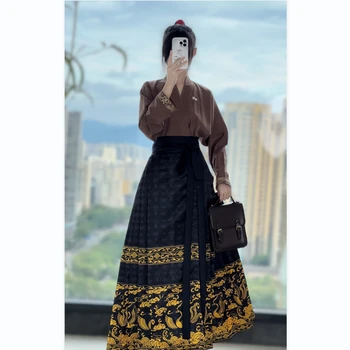 Пола с лошадиным лице Hanfu Дамски Китайската Традиционна Реколта пола в сгъвката на Hanfu, Червена Синя Черна риза + Комплекти от прагове, Модерен костюм Hanfu
