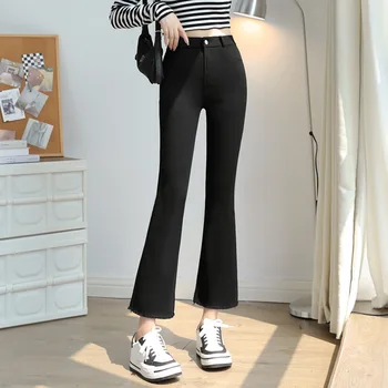 2023 Корейски Модни Черни Ластични Панталони-Клеш За Жени Размера На Плюс, Девятиточечные Широки Панталони С Висока Талия, Ежедневни Панталони Femme
