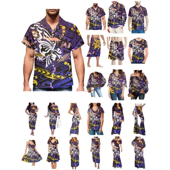 Полинезийская Тонга Хавай, Фиджи Гуам Самоа Дрехи с татуировки племе Понпеи, женствена рокля, мъжка риза в тон, Лилави дрехи за влюбени