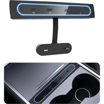 Автомобилно USB Зарядно Устройство с много Портове за Tesla Model 3/Y 2021 2022 Аксесоари USB Хъб със Синя Led Подсветка Адаптер Централната Конзола