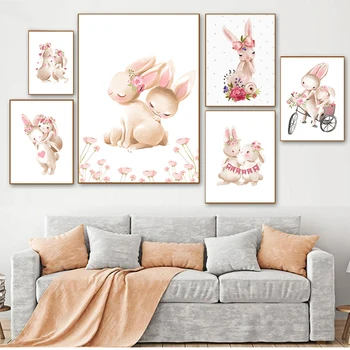Розови цветя, Мультяшная картина, декор за детска стая, плакат със заек, Картини с животни, Стенно изкуство за детска градина, принт на платно със заек