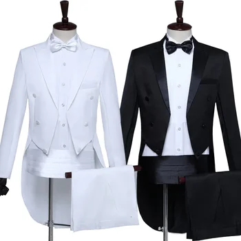 Мъжки класически Черно-Бял фрак с лъскави ревери, Смокинг, костюми, Сватбена младоженеца, етап на певицата, дрехи за магически представления на