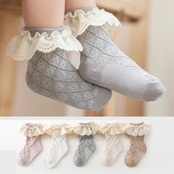 Памучни чорапи принцеса с волани за малки момичета от 0 до 5 години, Однотонное училище рокля, къси чорапи, Пролет-лято