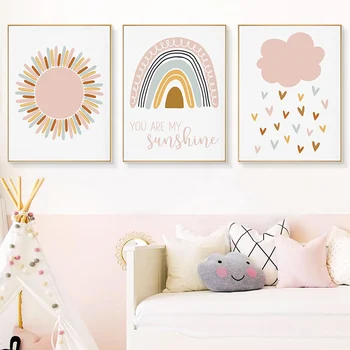 Плакат на стената в детската стая, Розово Слънце, Облаци, Стенно изкуство, Rainbow, Модел платно в скандинавски стил за детска спални, живопис за декор на детска стая