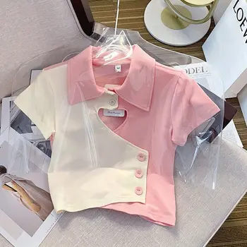 Бяло-розова риза с къси ръкави за момичета, върхове с неравности във формата на сърце, 2023, Нова Тийнейджърката Ежедневни Градинска Летни дрехи