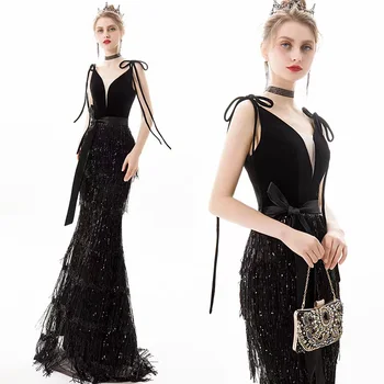 Черна вечерна рокля Русалка с дълбоко V-образно деколте, расшитое пайети, с дължина до пода, с отворен гръб, Елегантна женствена рокля за банкет, коктейл, абитуриентски бал.