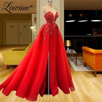Евтини Червени сватбени рокли за бала 2022 Сладката Русалка с мъниста и пайети от две части Официална вечерна рокля Robe De Soiree Плюс размер