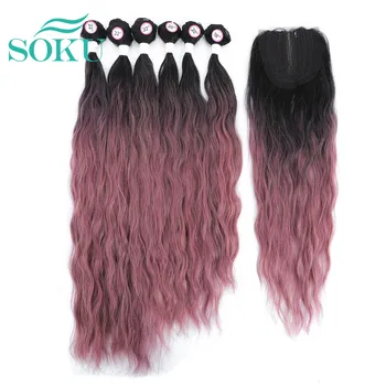 SOKU Ombre Pink Удължаване на коса естествена вълна, Наръчи от синтетични косми, Ширити, без перука, закриване на 4 * 4, Косата дълбоко, плетене, 6 греди