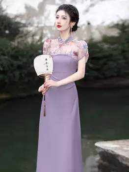 Лятното Ново подобрено рокля Ципао в китайски стил за младата дама в ретро стил на Китайската Република, Елегантна дълга лилава рокля Чонсам