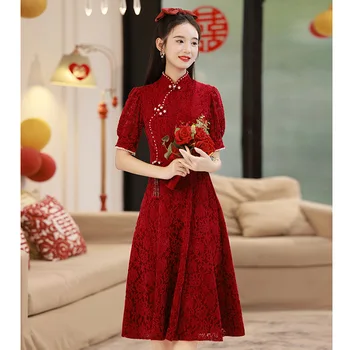 Винтажное Китайското Традиционно Ежедневното Женствена рокля Ципао за партита, Лятна рокля-Чонсам с яка-ботуш и къс ръкав, Червени сватбени рокли 2023 г.