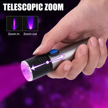 Led UV Фенерче 395nm Телескопична Мащабируем USB Акумулаторна виолетова Светлина 3-защитен Фенерче За Откриване на Урината Домашни Любимци Скорпиони Lanterna