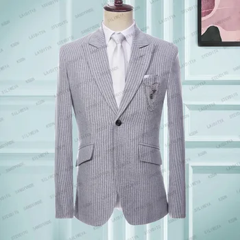 2023 Луксозен Мъжки костюм, сватба Сако в сиво бар, однобортный яке с ревера, бизнес парче костюм за младоженеца, оборудвана