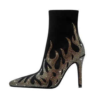 Модни обувки на европейската и американската марка, дамски къси ботуши с цип отстрани, с кристали, модни секси обувки за подиум Flame