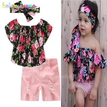 babzapleume/ 2017 Летни стилни комплекти дрехи за малките момичета, модна тениска с цветя + шорти, бебешки дрехи за детски костюм, 3 бр. BC1497