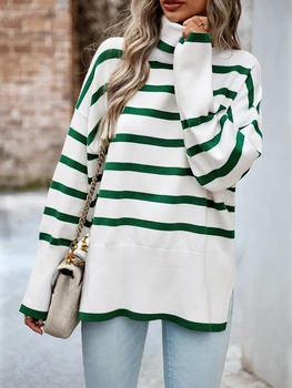 Модни дамски пуловери 2023, Нов Корейски Елегантен Вязаный пуловер, Зимна Трикотажный жилетка с яка, шарени и дълги ръкави