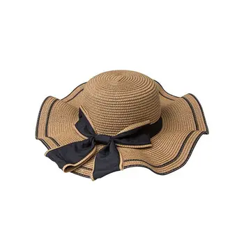 Нова лятна сламена шапка от слънцето с широка периферия за жени, шапки за почивка на плажа, дамски градинска ежедневни лейси панама с лък, шапка